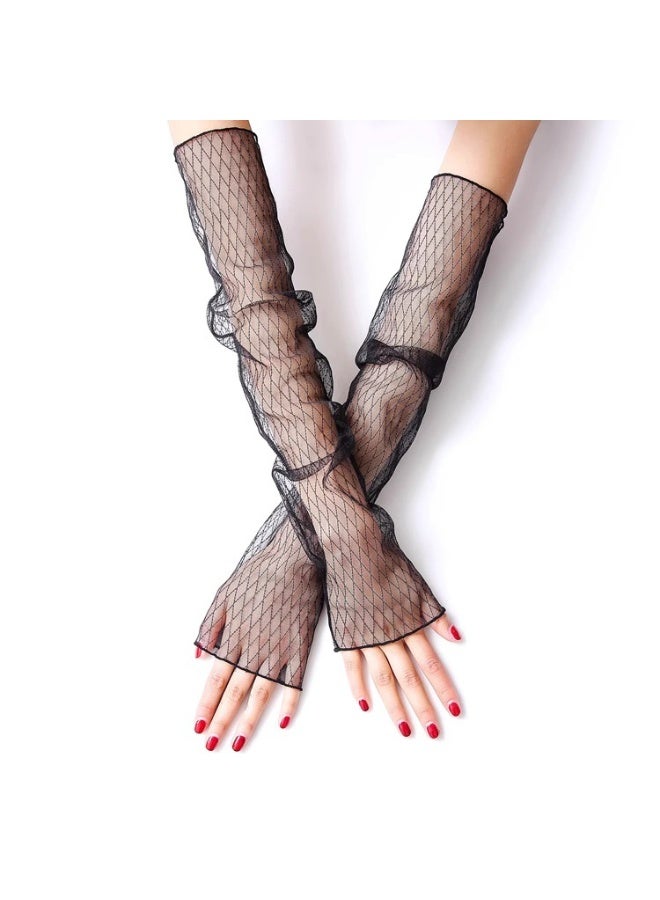 زوج واحد من قفازات نسائية طويلة رفيعة للغاية من الدانتيل للحماية من أشعة الشمس فوق البنفسجية، أكمام من التول الشبكي المبرد، قفازات بدون أصابع للاستخدام الداخلي والخارجي - أسود ماسي 45 سم